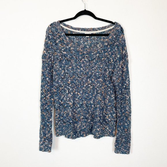 Hinge Woman's M Blue Textured Wide‎ Neck Chunky Knit Fall Sweater Crochet Boho - Picture 1 of 10